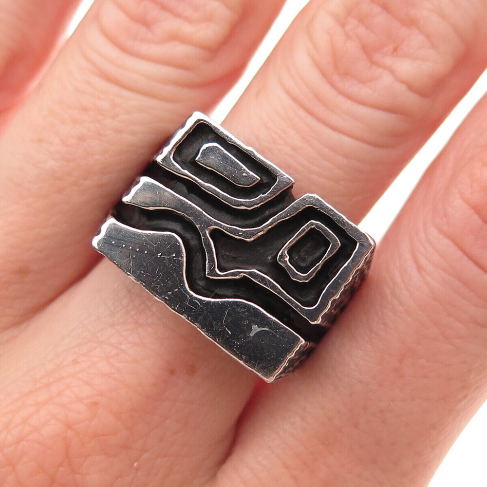 925 Sterling Silver Vintage Modernist Oxidized Ring Size 10.25